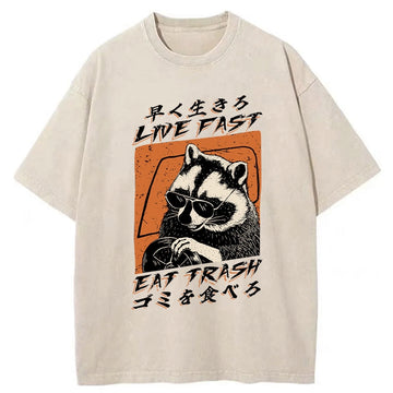 Personality fashion Raccoon Live Fast Eat Trash Washed T-Shirt