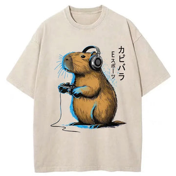 Personality fashion Capybara Playing E-sports Washed T-Shirt