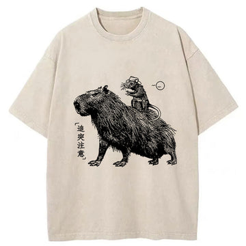Personality fashion Mouse Riding A Capybara Washed T-Shirt