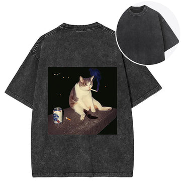 Personality fashion Cigarette Kitten Funny Smoking Cat Meme Back Washed T-Shirt