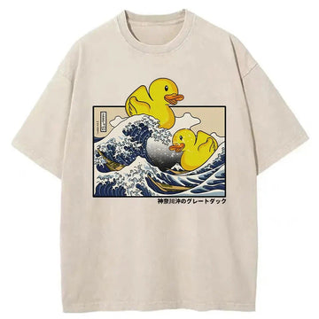 Personality fashion Ukiyoe Waves And Cute Yellow Duck Washed T-Shirt