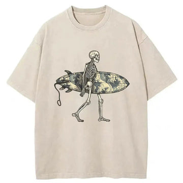 Personality fashion Skeleton Ready To Go Surfing Washed T-Shirt