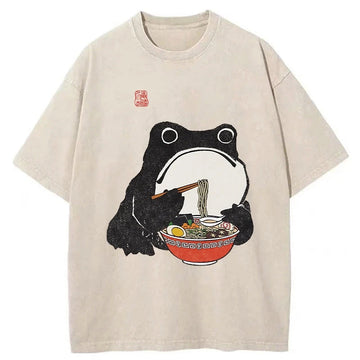 Personality fashion Funny Frog Eating Ramen Washed T-Shirt