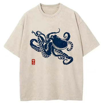 Personality fashion Japanese Octopus Washed T-Shirt