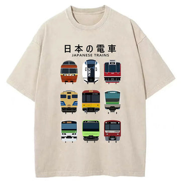 Personality fashion Japanese Train Collection Washed T-Shirt
