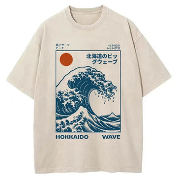 Personality fashion Hokkaido Wave Japan Washed T-Shirt