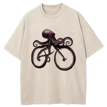 Personality fashion Japanese Octopus Bicycle Washed T-Shirt