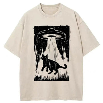 Personality fashion Cat Kidnapped By Aliens Washed T-Shirt