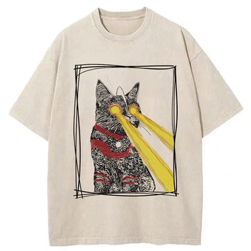 Personality fashion Laser Eye Cat Washed T-Shirt