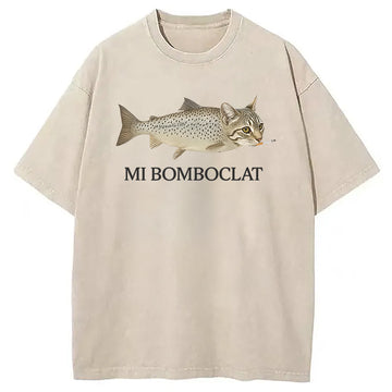 Personality fashion Bomboclat Fish Cat Meme Washed T-Shirt