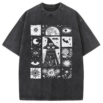 Personality fashion Witchy Gothic Cat Washed T-Shirt