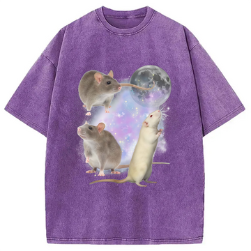 Personality fashion Three Rats Moon Washed T-Shirt