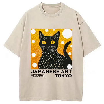 Personality fashion Black Cat Janpanese Art Washed T-Shirt