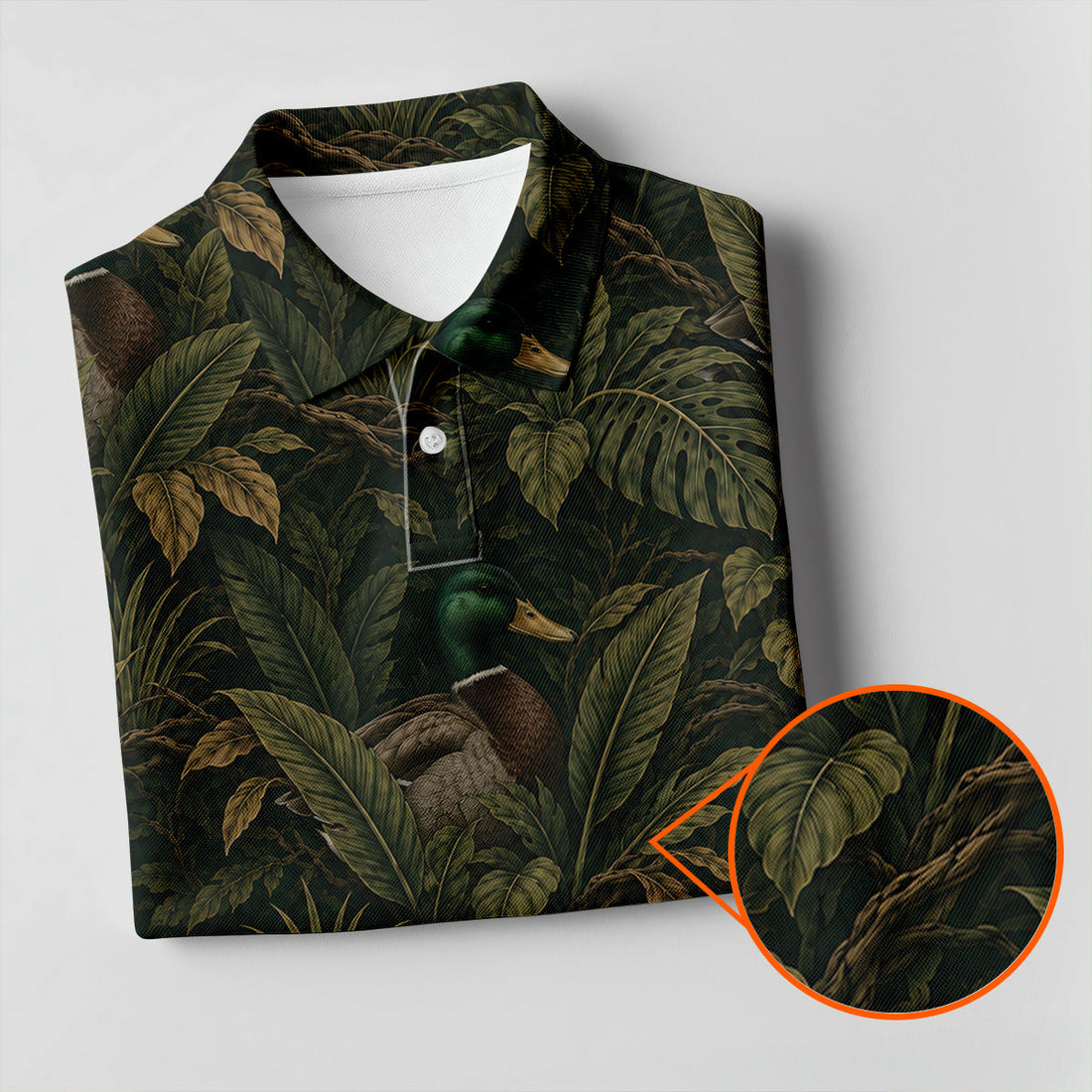 Mallard Duck Tropical Leaves Polo Shirt Dark Green Jungle Hunter Tee