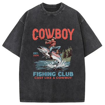 Personality fashion Vintage Cowboy Fish Washed T-Shirt
