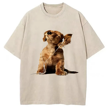 Personality fashion Dog Listening to Music Washed T-Shirt