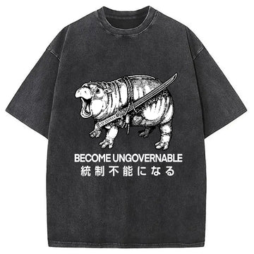 Personality fashion Moo Deng Carrying A Samurai Sword Washed T-Shirt