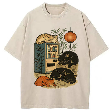 Personality fashion Japanese Vending Machine Cat Washed T-Shirt