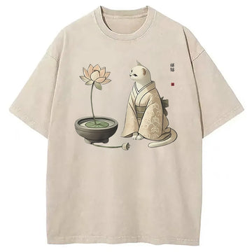 Personality fashion Elegant Japanese Cat Washed T-Shirt