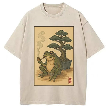 Personality fashion Japanese Frog & Bonsai Washed T-Shirt