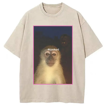 Personality fashion Funny 'Am I Cooked' Monkey Meme Washed T-Shirt