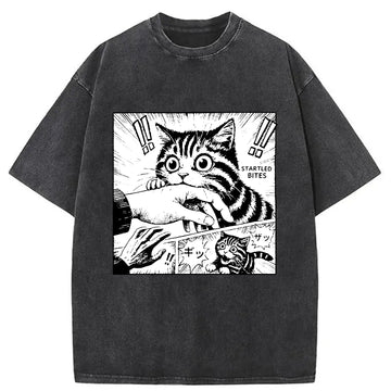 Personality fashion Cat Biting Funny Washed T-Shirt