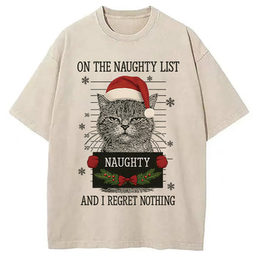 Personality fashion Christmas Naughty Cat Washed T-Shirt