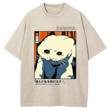 Personality fashion Sad Cat Meme Washed T-Shirt