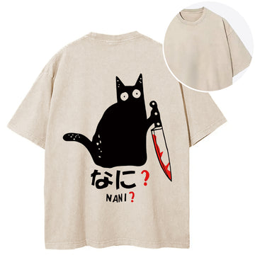 Personality fashion A Puzzled Cat Holding A Knife Back Washed T-Shirt