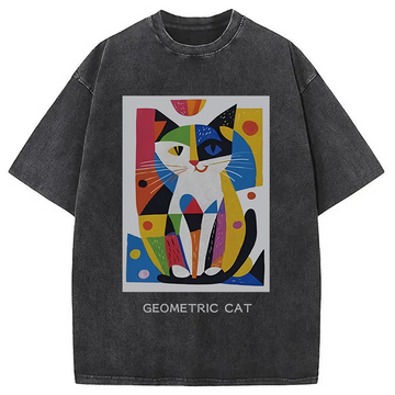 Personality fashion Vintage Graffiti Cat Washed T-Shirt
