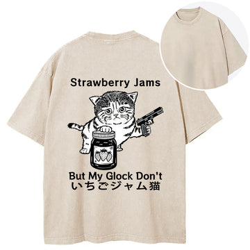 Personality fashion Strawberry Jam Cat Back Washed T-Shirt