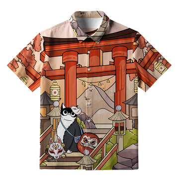 Personality fashion  Mysterious Torii And Cat Button-up Shirt
