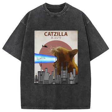 Personality fashion Catzilla Giant Cat with Mouth Lasers Washed T-Shirt