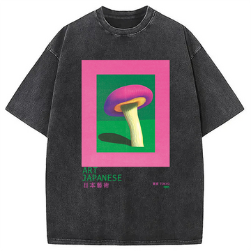 Personality fashion Japanese Art Pink Mushroom Vintage Washed T-Shirt
