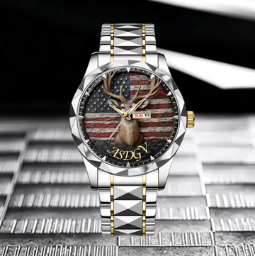 Customized American Flag and Forest Deer Pattern Watch - Personalize Name
