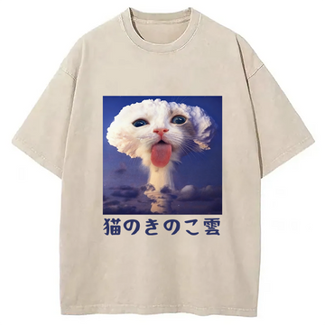 Personality fashion Cat Mushroom Cloud Washed T-Shirt