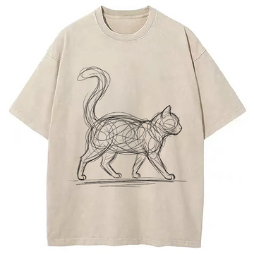 Personality fashion Scribble Cat Minimal Line Art Washed T-Shirt