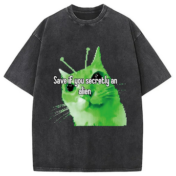 Personality fashion Alien Cat Meme Funny Washed T-Shirt