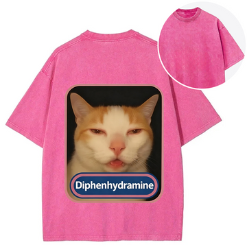 Personality fashion Pink Diphenhydramine Meme Cat Back Washed T-Shirt