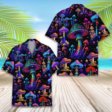 Psychedelic Mushroom Hawaiian Shirt for Men Women Youth, Neon Shrooms Button-Up Shirt Short Sleeve