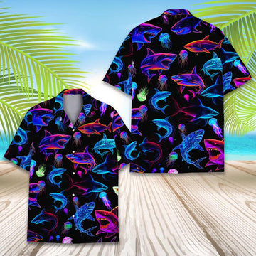 Neon Shark Hawaiian Shirt For Men Women Youth, Shark Aloha Shirt Short Sleeve Button Down