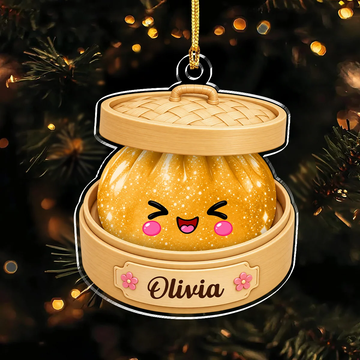 Personalized Glitter Dumpling Bamboo Steamer Acrylic Ornament, Food Lover Holiday Keepsake