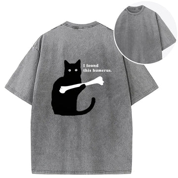 Personality fashion Cat Finds Human Bones Back Washed T-Shirt