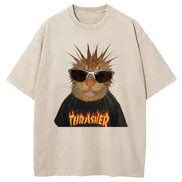 Personality fashion Nu Metal Cat Washed T-Shirt
