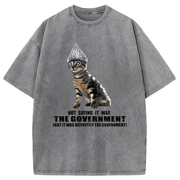 Personality fashion Funny Tin Foil Hat Cat Meme Washed T-Shirt