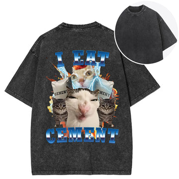 Personality fashion I Eat Cement Funny Cat Meme Back Washed T-Shirt