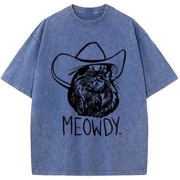Personality fashion Meowdy Texas Cat Meme Washed T-Shirt