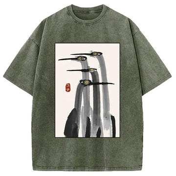 Personality fashion Japanese Crane Poster Washed T-Shirt