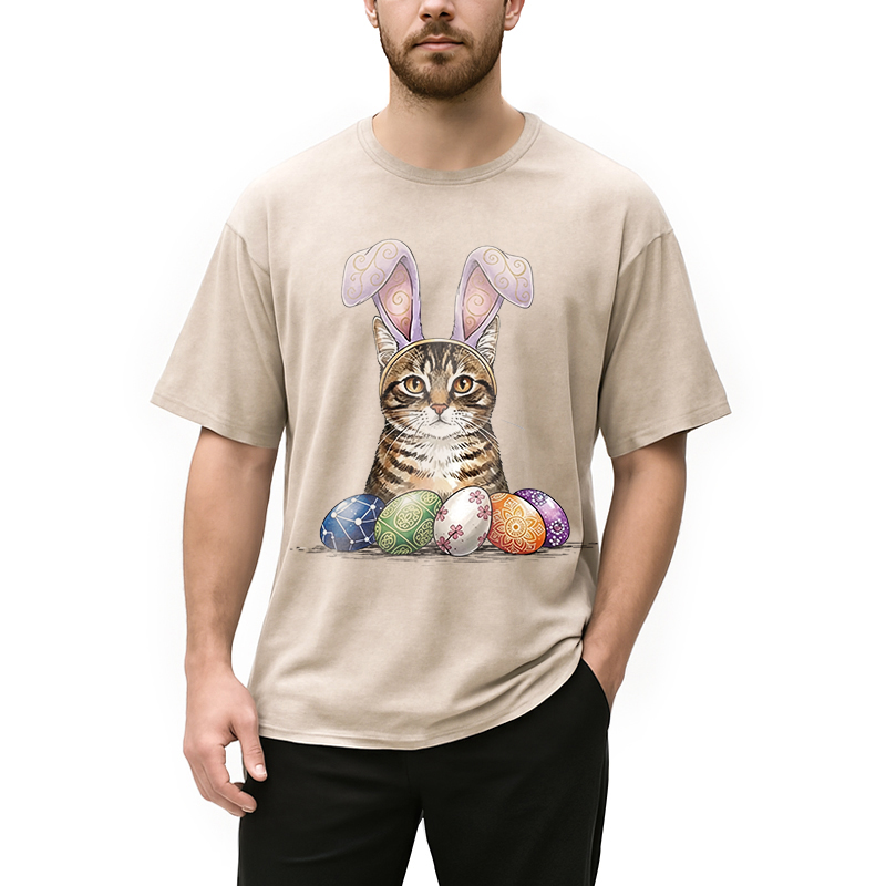 Personality fashion Easter Cat Washed T-Shirt