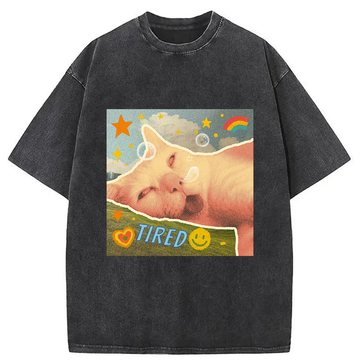Personality fashion I'm Tired Cat Washed T-Shirt